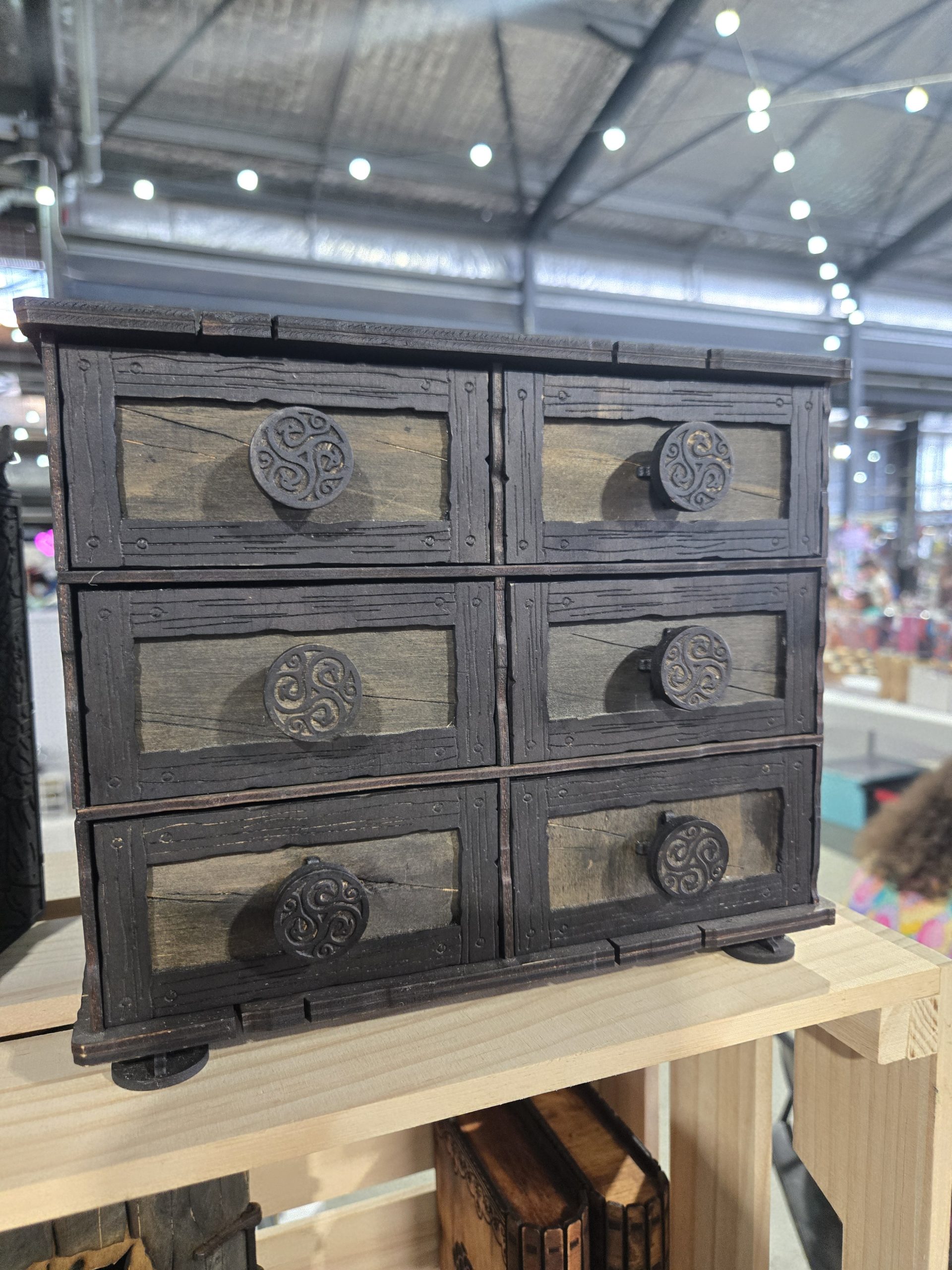 Handcrafted wooden storage chests and drawer-style boxes for organising gaming accessories, treasures, and keepsakes.