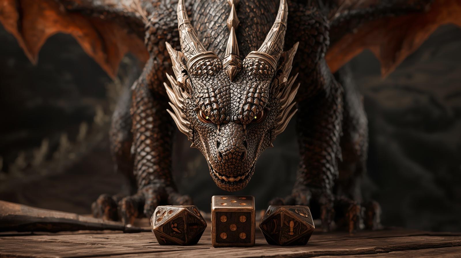 Fantasy-inspired dragon artwork representing wooden puzzle boxes, wooden dice, incense holders and dragon-themed tabletop items.